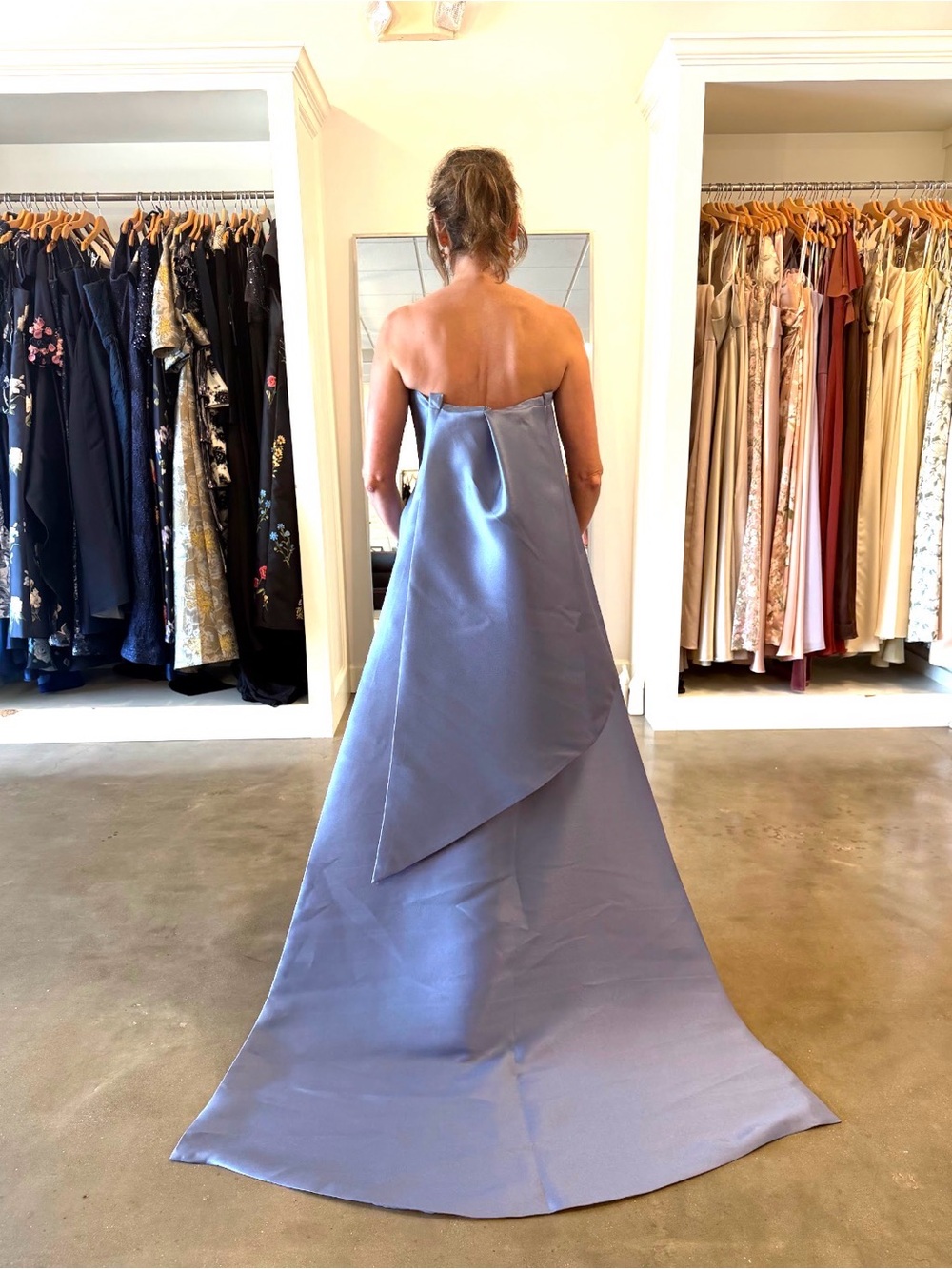 Amsale Strapless Satin Gown in Dusty Blue